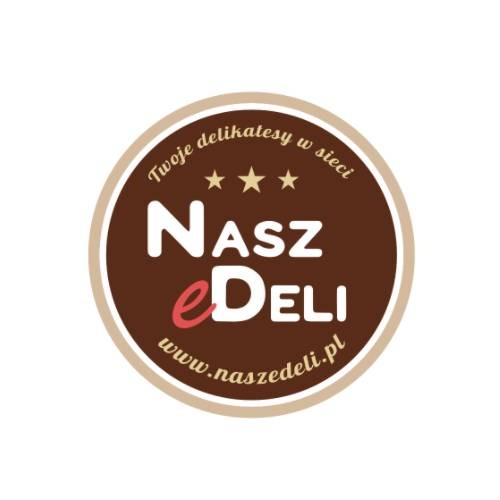 Okrągłe logo 'Nasz eDeli' z trzema gwiazdkami, brązowym tłem i adresem www.naszedeli.pl na obwodzie.
