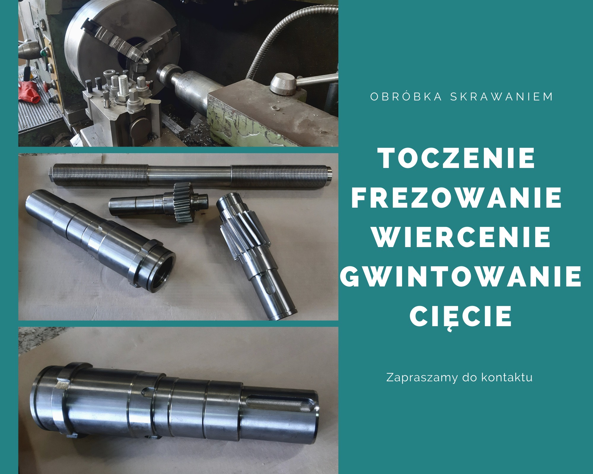 Metalowe elementy po obróbce skrawaniem, widoczny tokarka w tle, detale z gwintem, zębatka i tuleje.