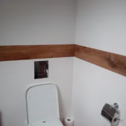 Nowoczesna toaleta podwieszana z drewnianym akcentem na ścianie, chromowany przycisk spłukiwania i uchwyt na papier toaletowy.