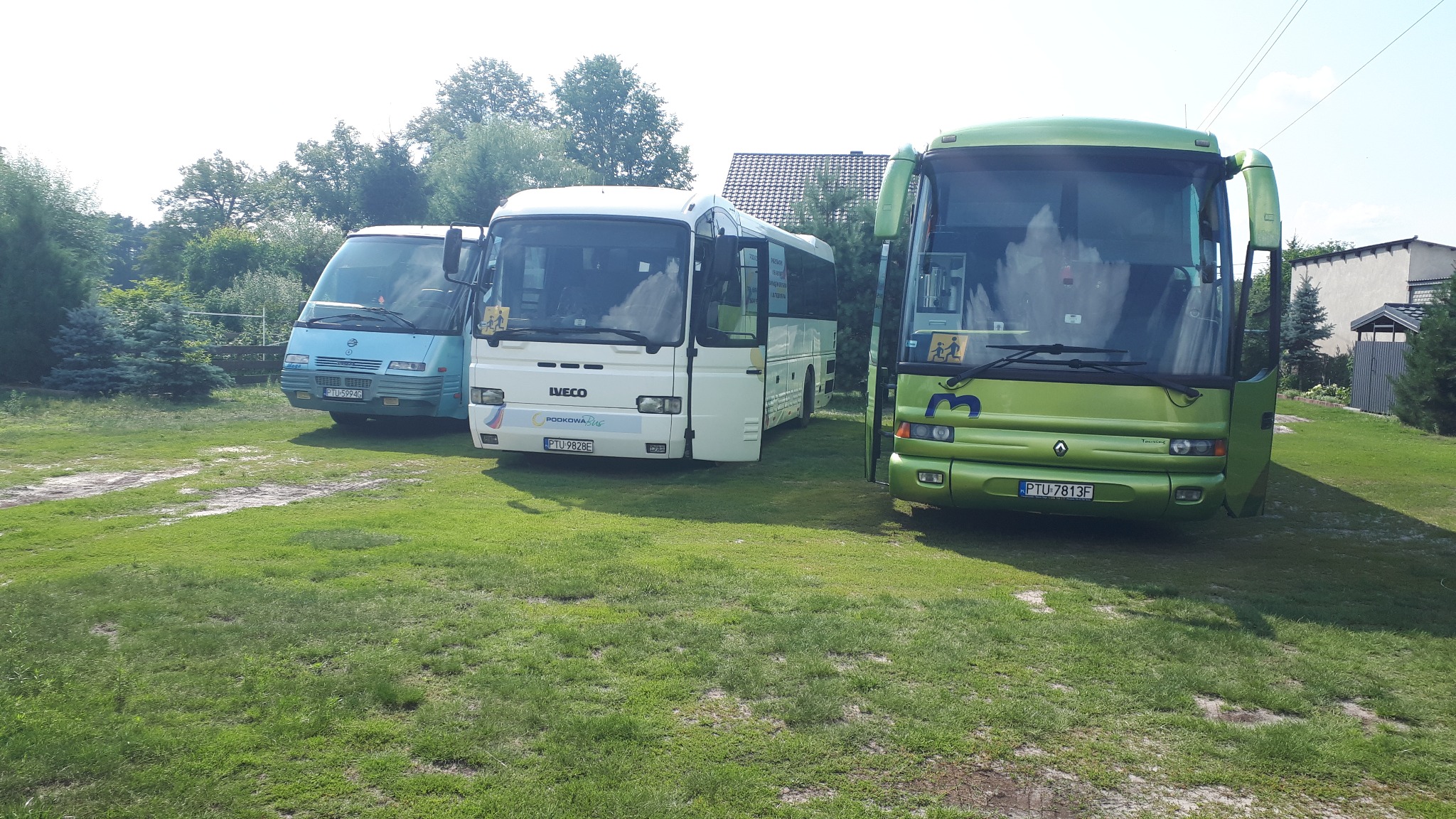 Trzy autobusy różnych marek i kolorów (niebieski, biały, zielony) zaparkowane na trawniku przed budynkiem w słoneczny dzień. Zielony autobus z symbolem dziecka na boku.