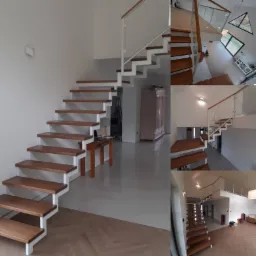 Nowoczesne schody drewniane z białymi elementami konstrukcyjnymi w przestronnym wnętrzu, widoczne z różnych perspektyw.