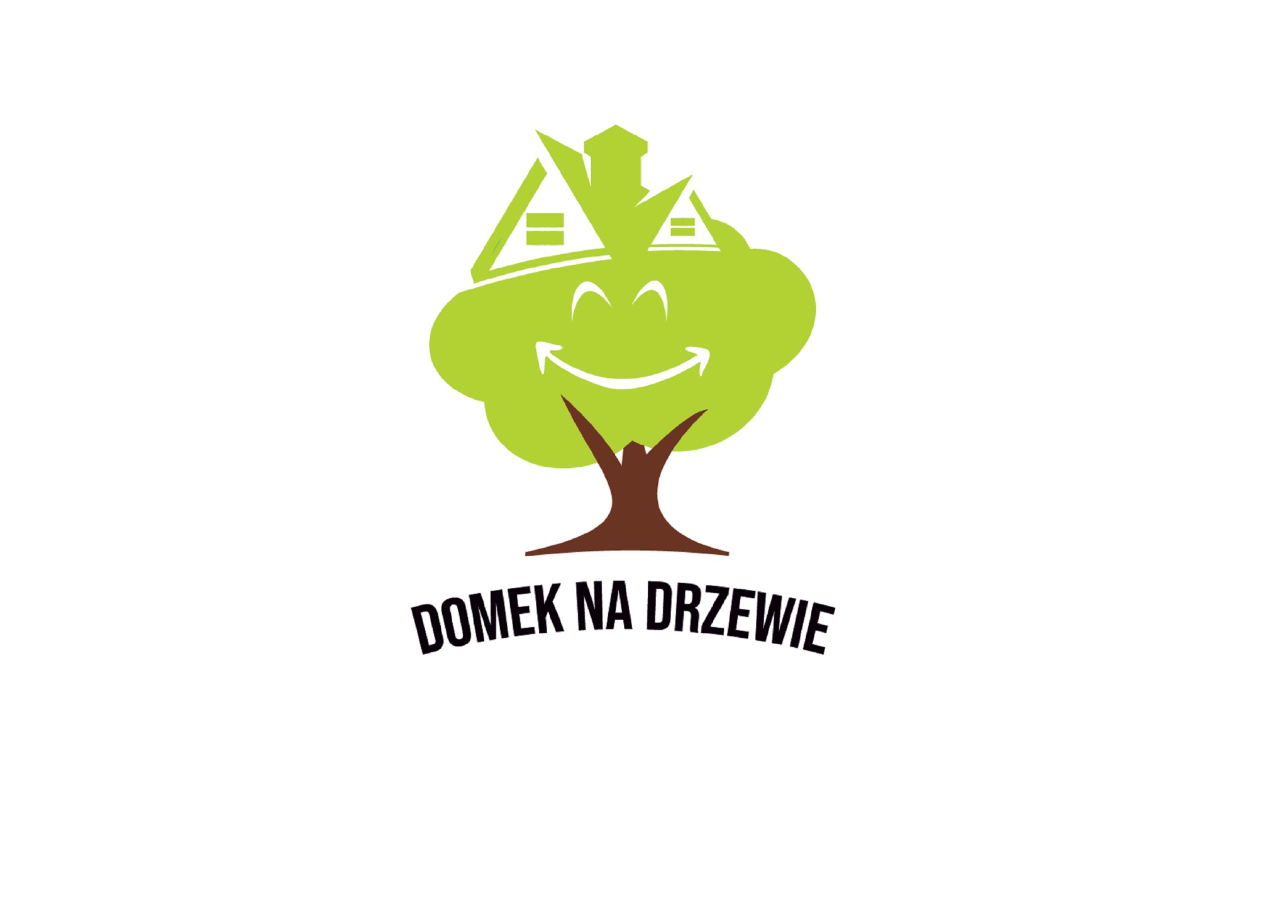 Logo firmy 'Domek na drzewie': Stylizowany zielony uśmiechnięty obłok zarysowany jako korona drzewa, z białymi konturami domków na szczycie i brązowym pniem, na białym tle.