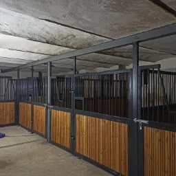 Wnętrze stajni z nowymi boksami dla koni, z drewnianymi panelami pionowymi i metalowymi kratami, surowy betonowy sufit, widoczny niebieski przedłużacz na podłodze.