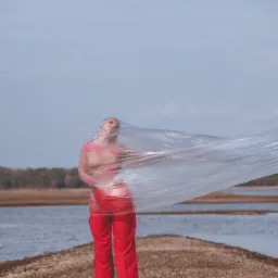 Kobieta w czerwonych spodniach, owinięta folią, stojąca na kamienistej ścieżce w plenerze, z wodą i lasem w tle, konceptualna fotografia.