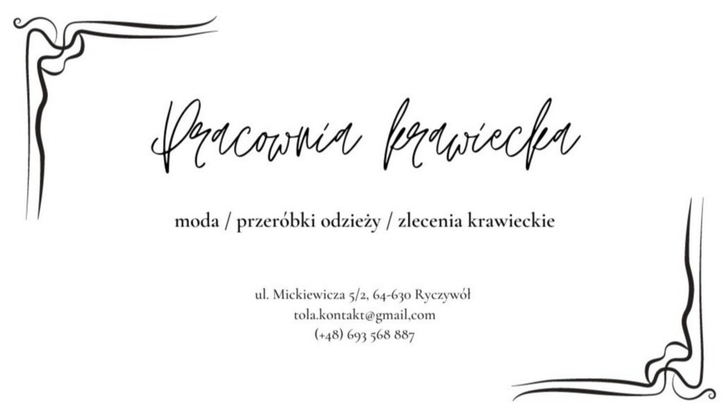 Elegancka wizytówka pracowni krawieckiej z ozdobnymi narożnikami, prezentująca nazwę, zakres usług (moda, przeróbki odzieży, zlecenia krawieckie) oraz dane kontaktowe.