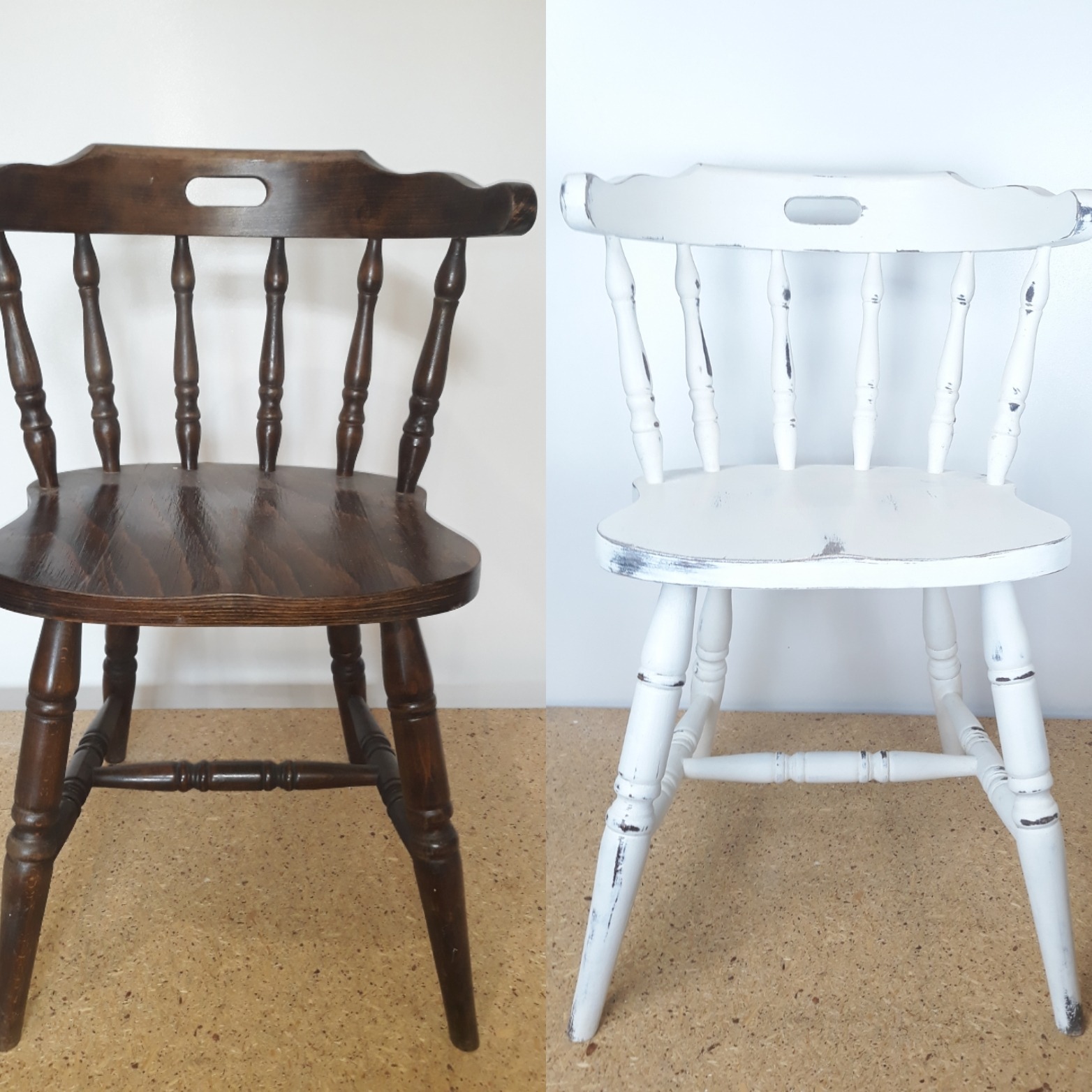 Krzesło typu Windsor przed i po renowacji: ciemnobrązowe drewno po lewej, pobielone z efektem postarzenia po prawej.