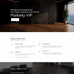Strona internetowa firmy oferującej usługi parkieciarskie, z ciemnym tłem i drewnianą podłogą w tle, prezentująca ofertę i zachęcająca do kontaktu.
