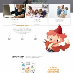 Projekt strony internetowej z ilustracjami i elementami graficznymi, promującej naukę języka niemieckiego dla dzieci z postacią Mimi i motywami zwierzęcymi.