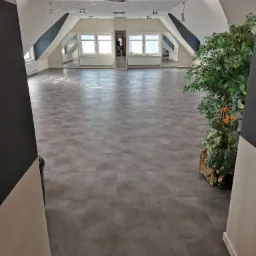 Wnętrze poddasza z szarą podłogą z paneli, białymi ścianami z ciemnymi wstawkami, oknami i sztuczną rośliną w rogu, widziane z perspektywy wejścia.