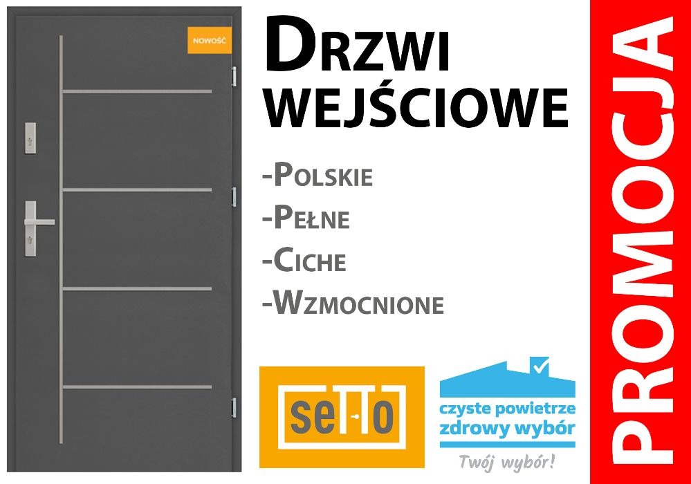 Szare, nowoczesne skrzydło z metalowymi listwami i klamką, obok napisy informujące o cechach produktu i promocji.