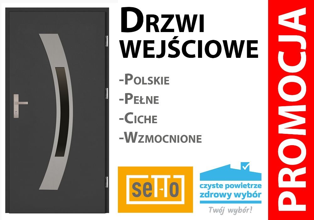 Grafika reklamowa prezentująca nowoczesne, szare skrzydło z srebrnym, pionowym, zakrzywionym panelem dekoracyjnym i klamką, obok napisy 'Drzwi Wejściowe', 'Polskie', 'Pełne', 'Ciche', 'Wzmocnione',...