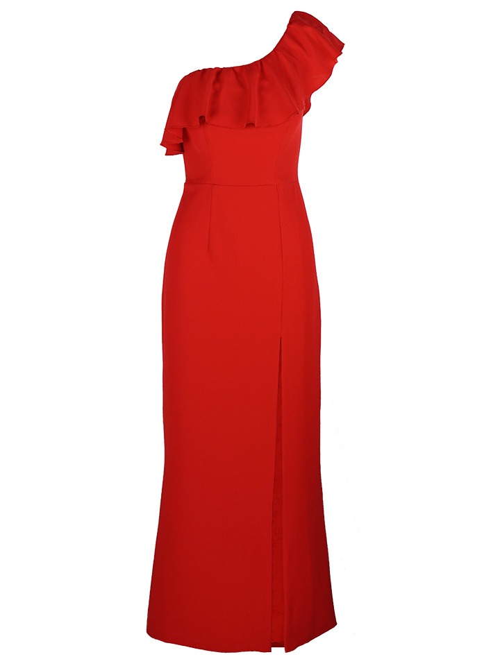 Elegancka, długa, czerwona suknia na jedno ramię z falbaną i rozcięciem na nodze, prezentowana na białym tle.