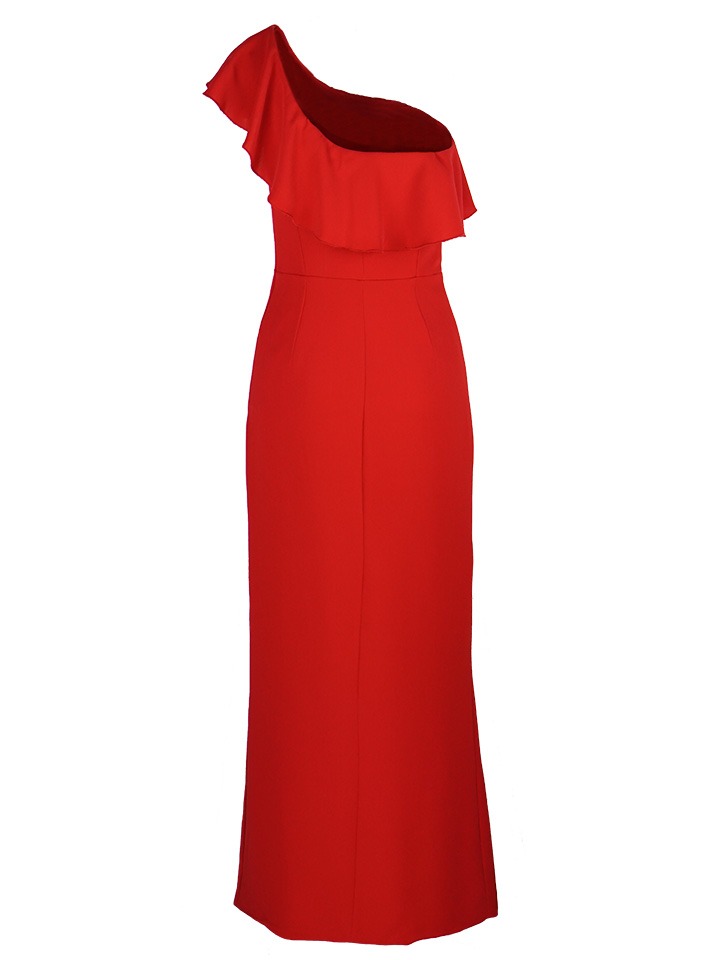 Elegancka, długa czerwona suknia na jedno ramię z falbaną, widoczna na białym tle.