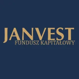 Logo firmy Janvest Fundusz Kapitałowy na granatowym tle, złote liternictwo o klasycznym kroju.