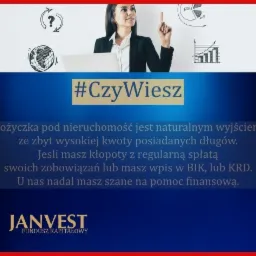 Kobieta w garniturze wskazująca na rysunki schematów finansowych i napisem #CzyWiesz o pożyczce pod nieruchomość od Janvest Fundusz Kapitałowy.