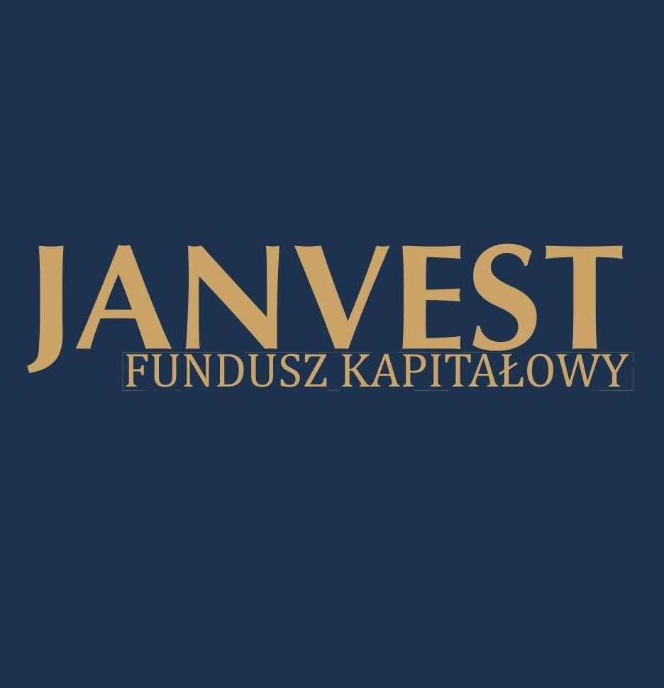 Logo firmy Janvest Fundusz Kapitałowy na granatowym tle, złote liternictwo o klasycznym kroju.