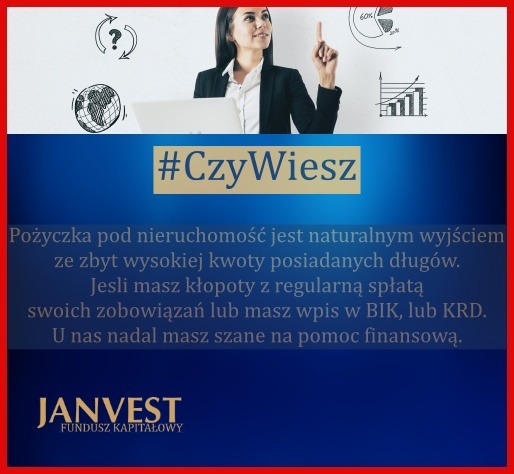 Kobieta w garniturze wskazująca na rysunki schematów finansowych i napisem #CzyWiesz o pożyczce pod nieruchomość od Janvest Fundusz Kapitałowy.
