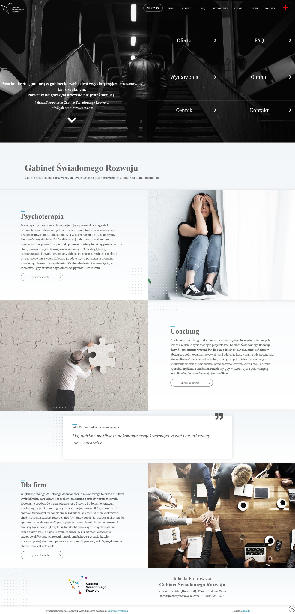 Fragment strony internetowej psychoterapeutki Jolanty Piotrowskiej ze Stalowej Woli, prezentujący ofertę Gabinetu Świadomego Rozwoju.