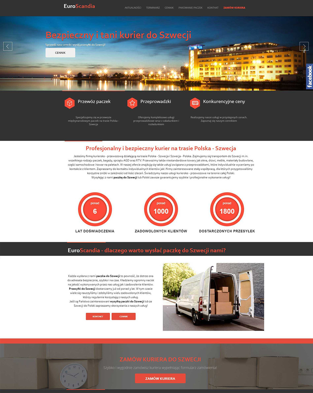 Strona internetowa firmy kurierskiej EuroScandia z ofertą przewozu paczek do Szwecji, prezentująca zdjęcie budynku nad wodą w tle nagłówka, ikony przewozu, przeprowadzek i konkurencyjnych cen,...