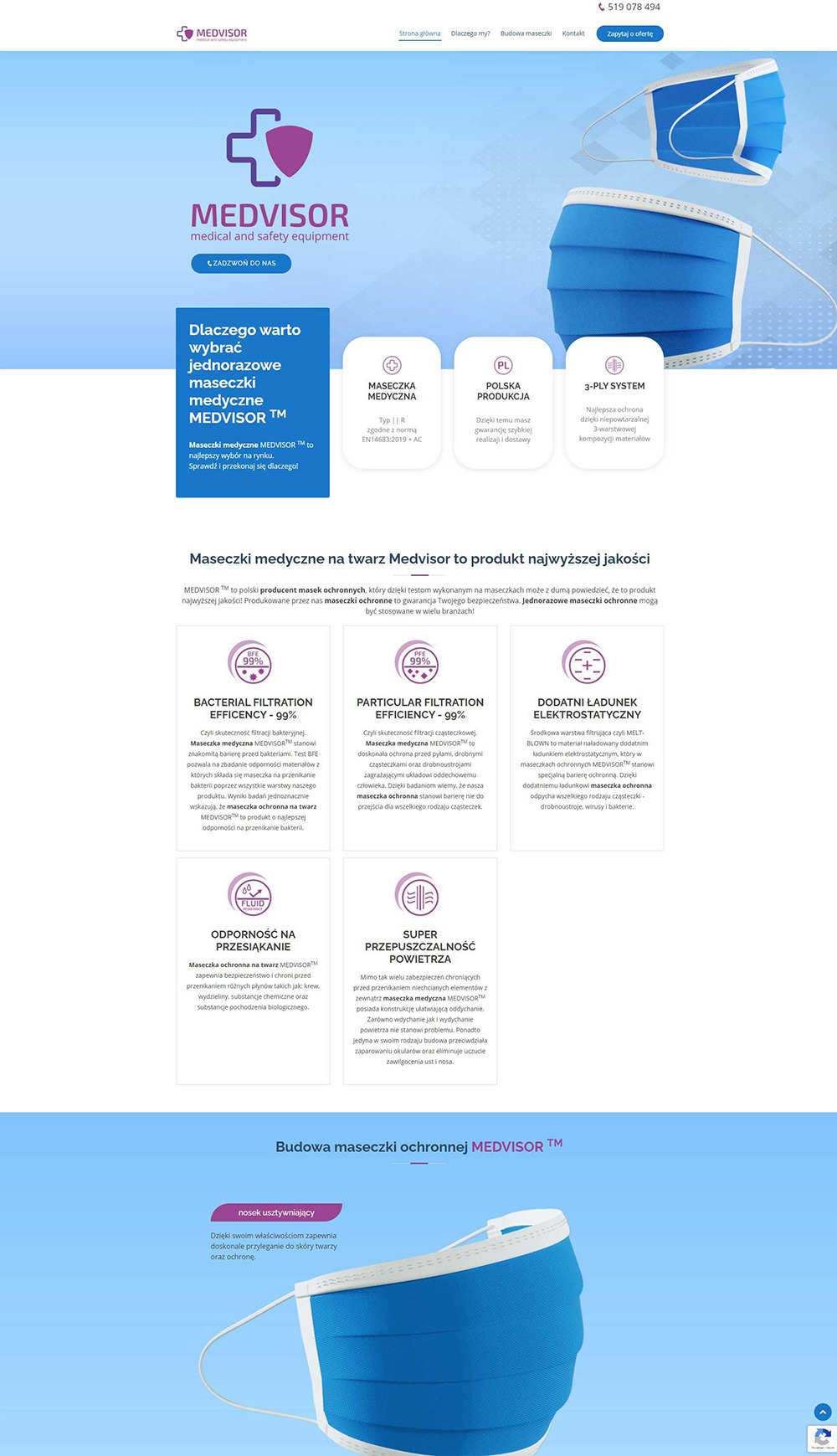 Projekt strony internetowej prezentującej jednorazowe maseczki medyczne marki Medvisor, z informacjami o ich właściwościach, takich jak filtracja bakteryjna, ochrona przed cząsteczkami i odporność...