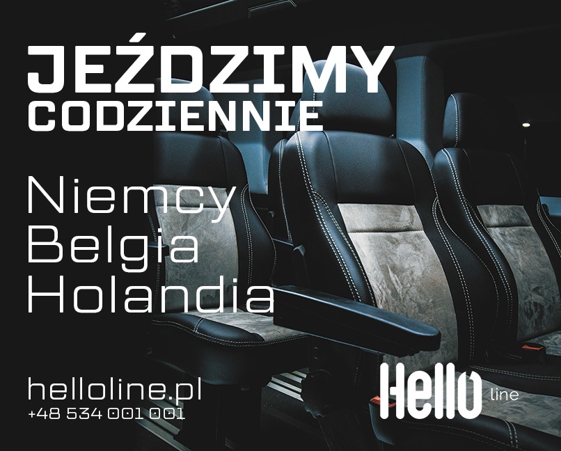 Wnętrze busa z czarno-szarymi skórzanymi fotelami, widoczny napis 'Jeździmy codziennie Niemcy Belgia Holandia' oraz dane kontaktowe firmy helloline.pl.