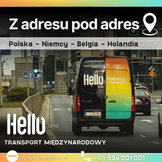 Czarny bus z kolorowym nadrukiem 'Hello line' i napisem 'Podróżuj z uśmiechem' na tle miejskiej ulicy, kierunek Polska, Niemcy, Belgia, Holandia.