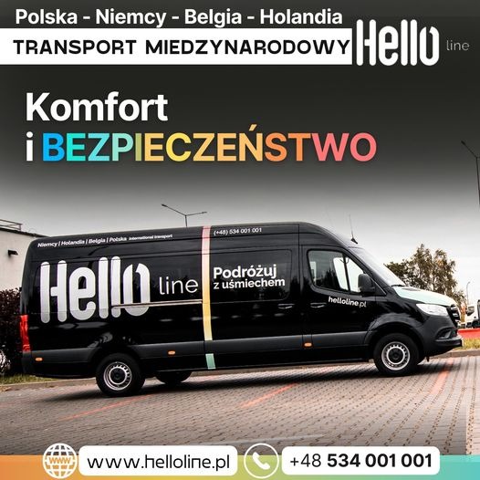 Czarny bus firmy Hello Line z Chełma na parkingu, z napisem 'Podróżuj z uśmiechem' i informacjami o transporcie międzynarodowym do Polski, Niemiec, Belgii i Holandii.