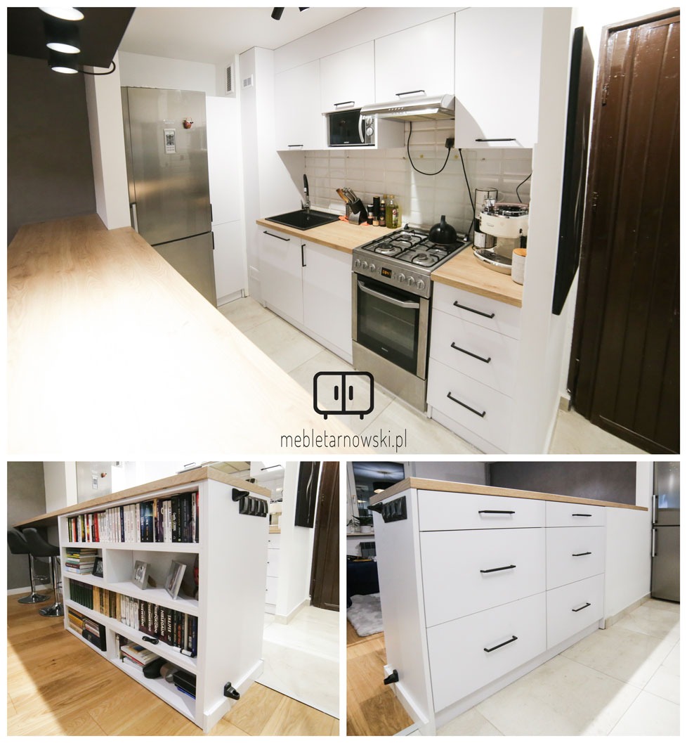 Biała kuchnia z drewnianym blatem, wyspą z regałem na książki i czarnymi uchwytami, widok z różnych perspektyw.