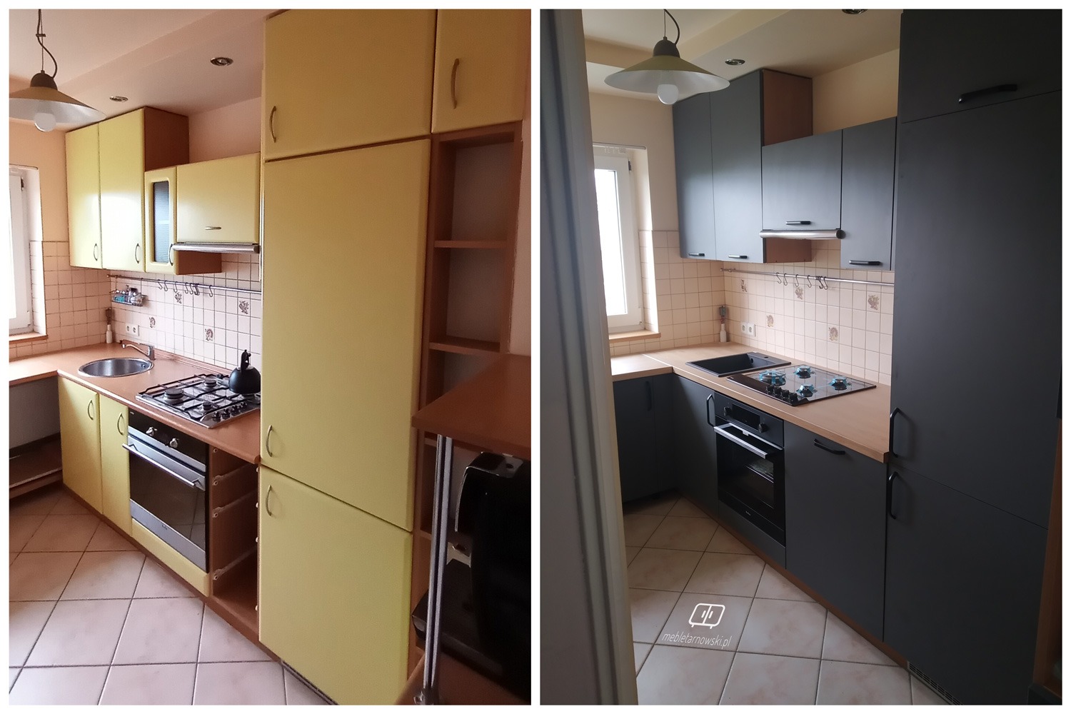 Porównanie kuchni przed i po renowacji: żółte szafki kontra grafitowe, z widoczną zmianą koloru frontów i blatu, zachowując układ i płytki na ścianie.