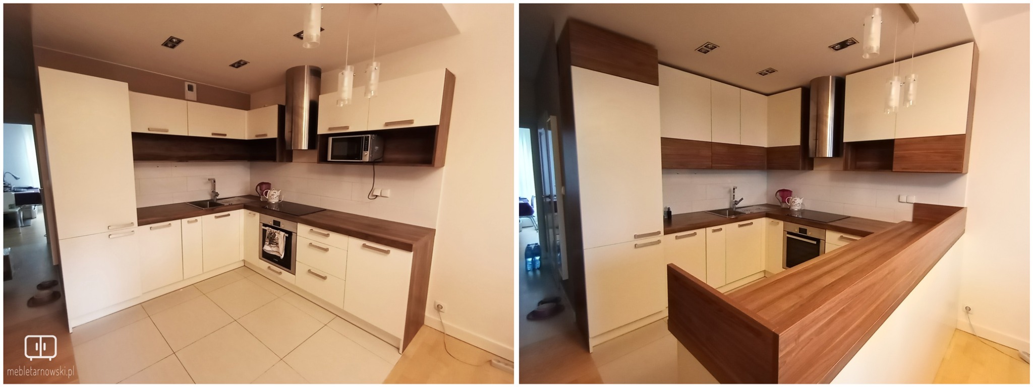 Nowoczesna kuchnia z białymi szafkami i drewnianymi blatami, widok na płytę grzewczą, zlewozmywak i wiszące lampy, z akcentem na drewniany bar.