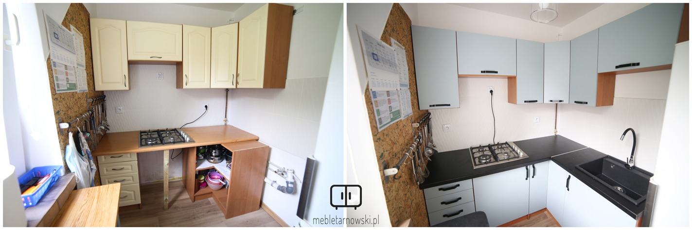 Porównanie kuchni przed i po renowacji: kremowe szafki górne i drewniany blat kontra błękitne szafki z czarnym blatem i nowoczesną armaturą.