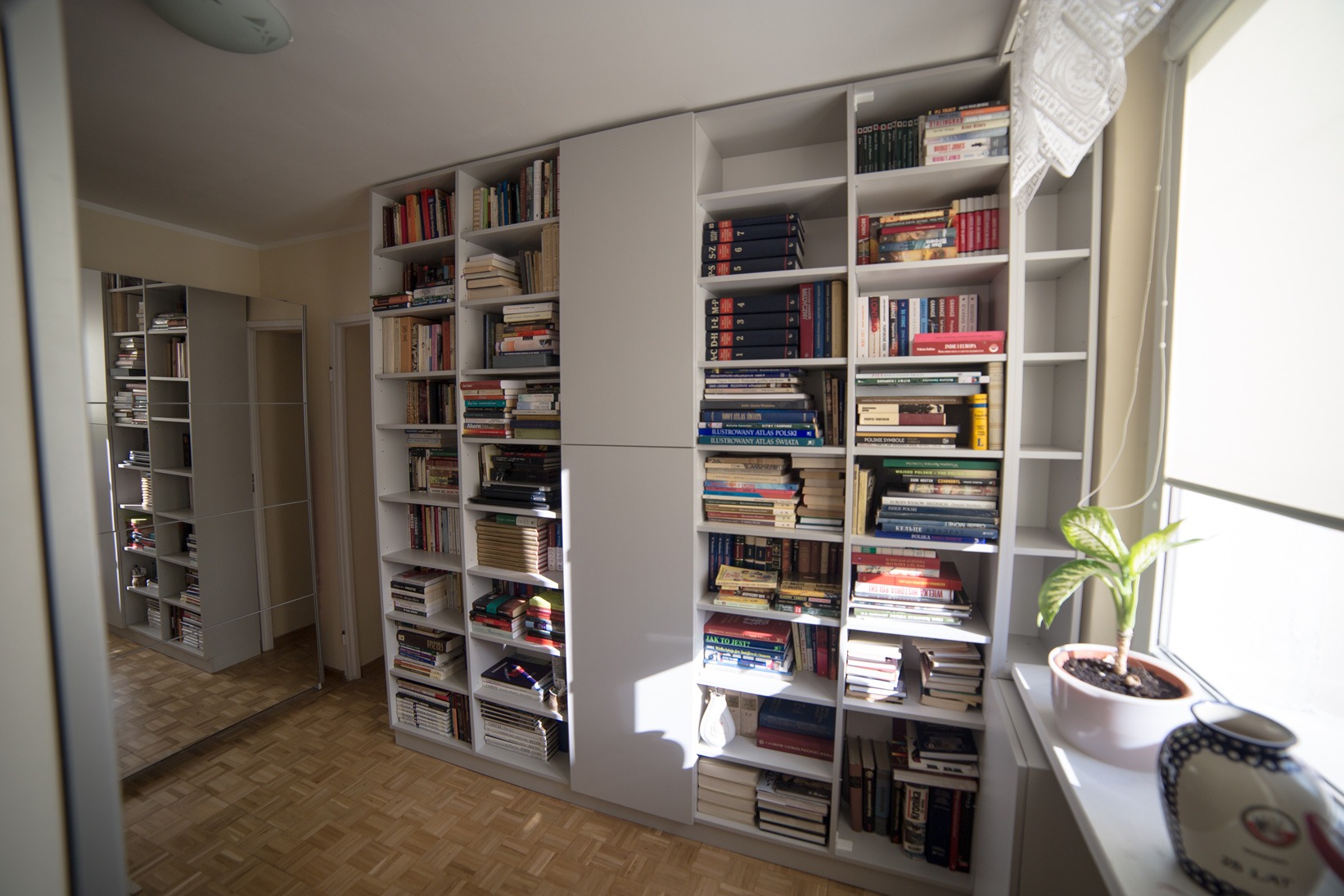 Biała zabudowa biblioteczna od podłogi do sufitu, z półkami wypełnionymi książkami, widoczna w pokoju z parkietem, z odbiciem w lustrze po lewej stronie i rośliną doniczkową na parapecie.