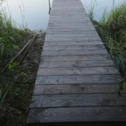 Drewniany pomost prowadzący do jeziora w porannej mgle, widoczne deski z wkrętami i naturalne otoczenie z trawą.