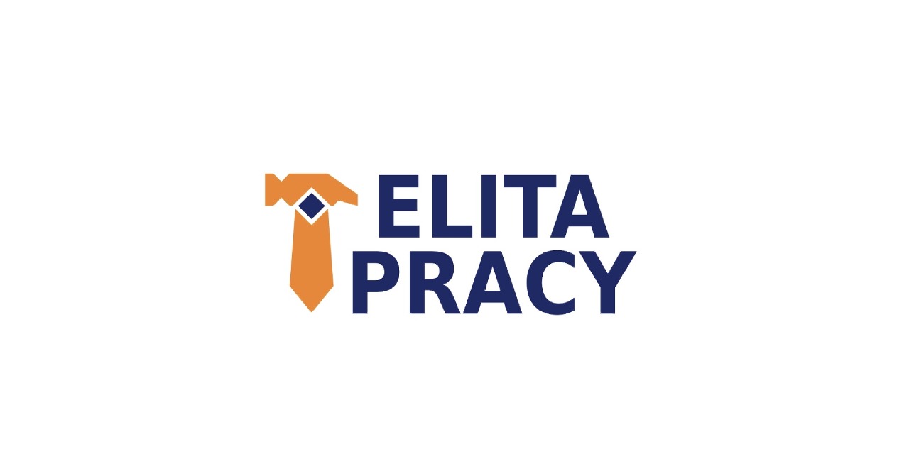 Logo firmy 'Elita Pracy' z grafiką pomarańczowego krawata i niebieskim napisem na białym tle. Prosty, nowoczesny design.