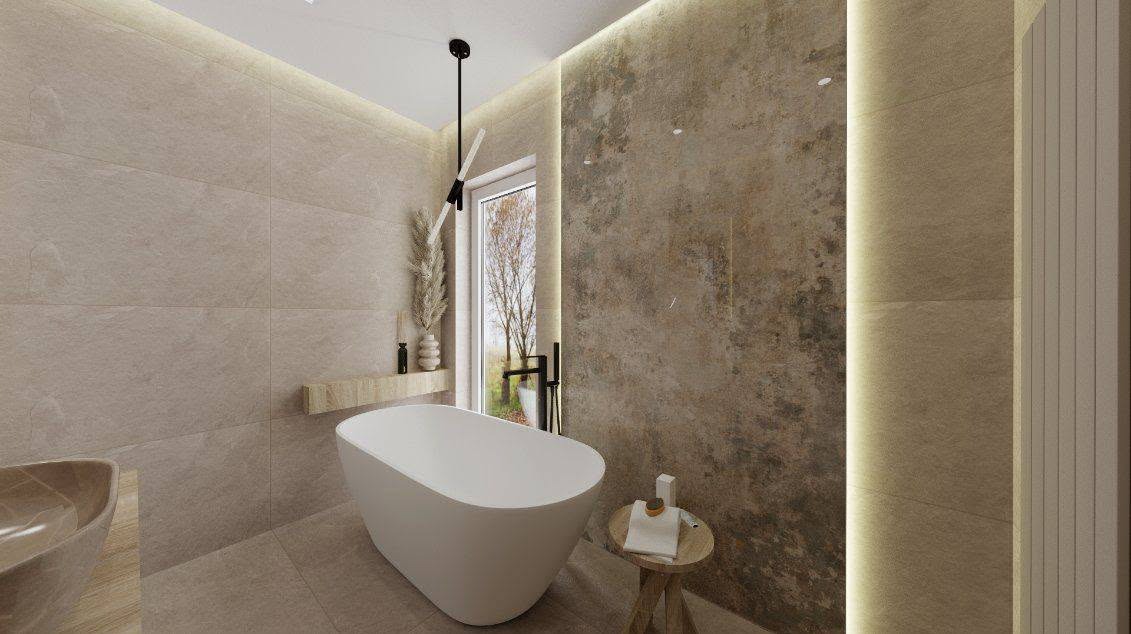 Nowoczesna łazienka z wolnostojącą wanną, beżowymi płytkami i oświetleniem LED. Minimalistyczny design z akcentami dekoracyjnymi.