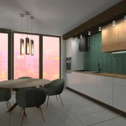 Wizualizacja wnętrza: nowoczesna kuchnia z zielonymi płytkami i drewnianymi szafkami, okrągły stół jadalny z czterema tapicerowanymi krzesłami na tle panoramicznego okna z widokiem na miasto...