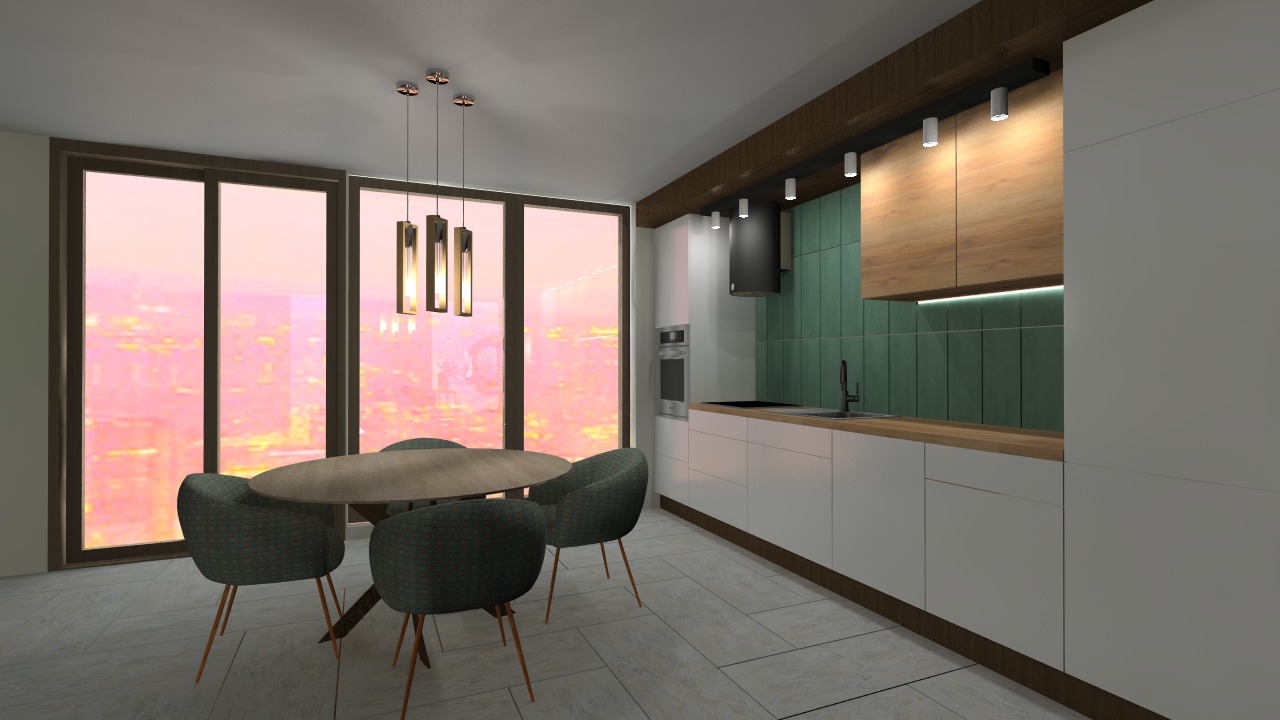Wizualizacja wnętrza: nowoczesna kuchnia z zielonymi płytkami i drewnianymi szafkami, okrągły stół jadalny z czterema tapicerowanymi krzesłami na tle panoramicznego okna z widokiem na miasto...