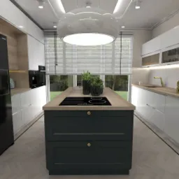 Wizualizacja nowoczesnej kuchni z wyspą, białymi szafkami, drewnianymi blatami, czarną lodówką Samsung z kostkarką i oknem z żaluzjami.