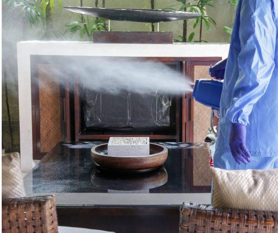 Pracownik w niebieskim kombinezonie i fioletowych rękawicach dezynfekuje wnętrze szafki rozpylaczem, w tle widoczne rośliny doniczkowe.