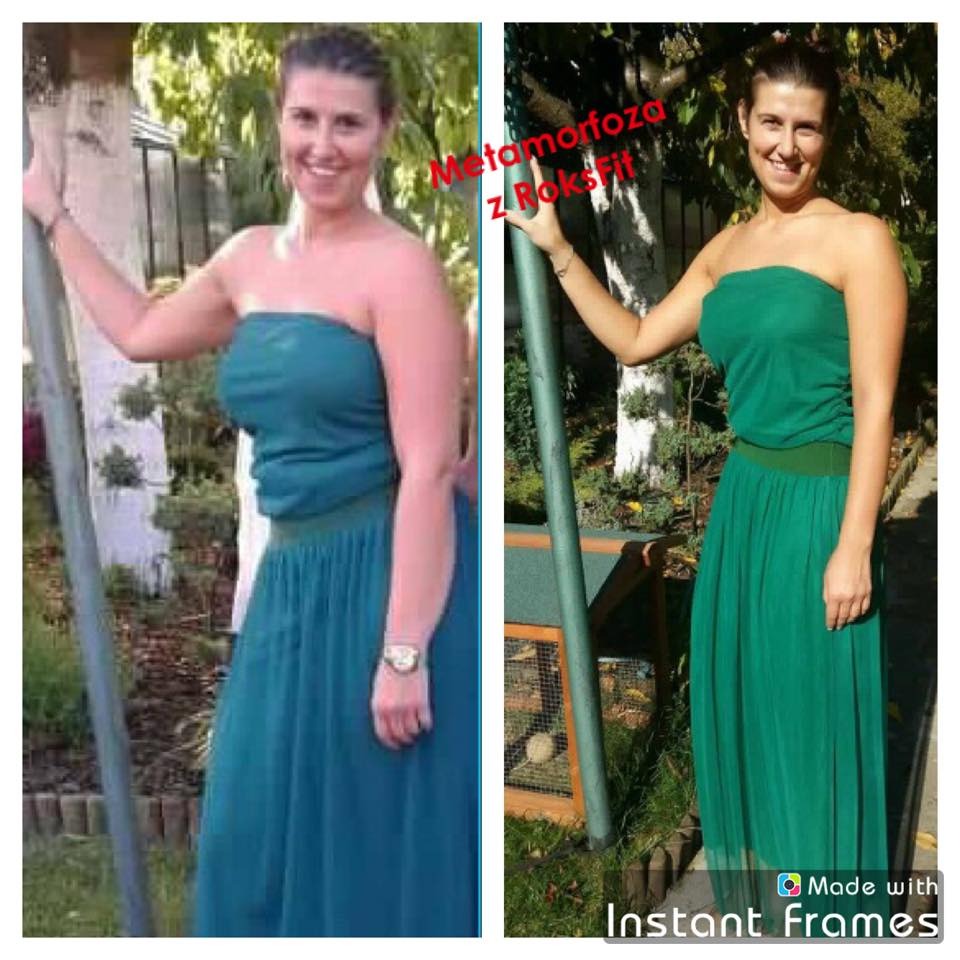 Kobieta w zielonej sukience, prezentująca metamorfozę sylwetki przed i po, z widoczną różnicą w obwodzie ramion i talii, na tle zieleni ogrodowej.