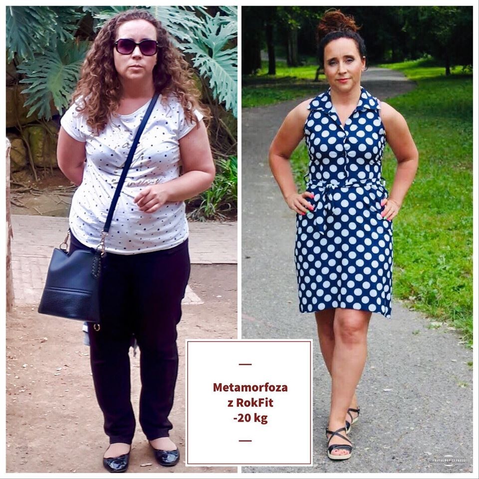 Kobieta przed i po odchudzaniu (-20kg), prezentująca metamorfozę sylwetki, w stylizacji codziennej i eleganckiej.