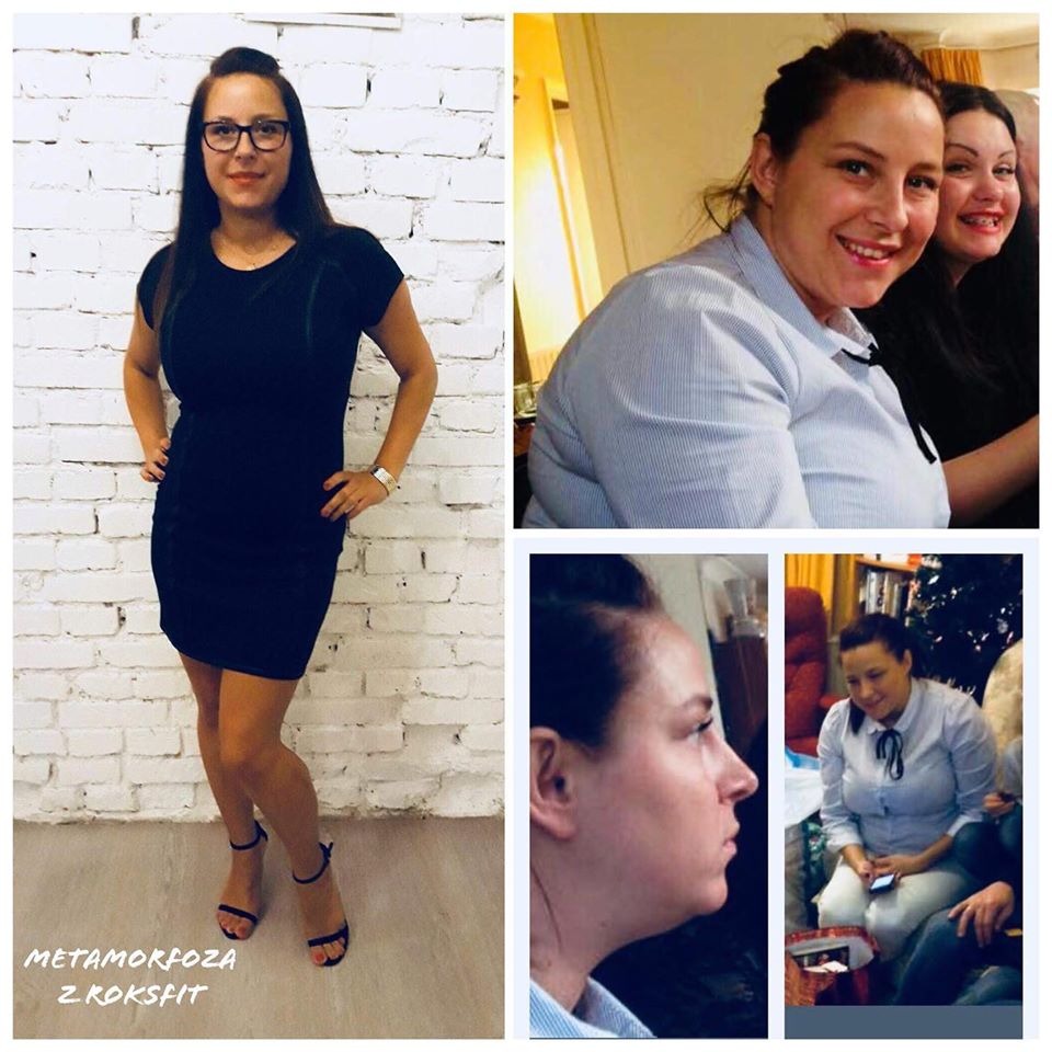Kolaż zdjęć przedstawiający metamorfozę kobiety: sylwetka przed i po, ujęcie z profilu i z przyjaciółką, podpis 'Metamorfoza z Roksfit'.