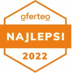 Pomarańczowa odznaka Oferteo.pl 'Najlepsi 2022' z białym napisem na białym tle.