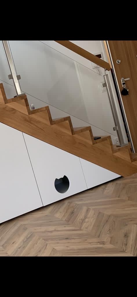 Drewniane schody z szklaną balustradą, wbudowane białe szafki z otworem w kształcie głowy kota, parkiet ułożony w jodełkę.