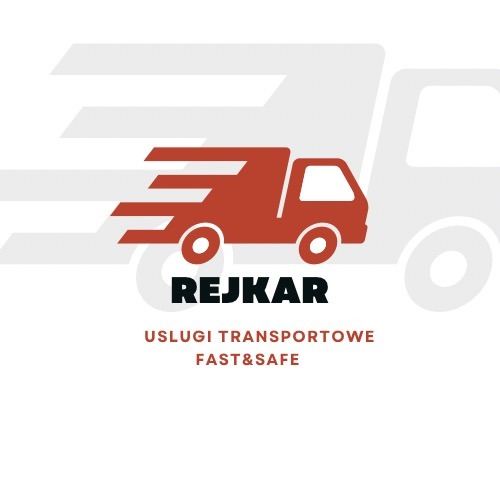 Logo firmy transportowej REJKAR z graficznym przedstawieniem pędzącej ciężarówki w kolorze ceglastym i hasłem 'USŁUGI TRANSPORTOWE FAST&SAFE'.