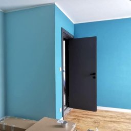 Iwona Pabian - Błękitne ściany w nowym domu deweloperskim, drewnopodobna podłoga, czarne drzwi wewnętrzne, białe listwy przypodłogowe i sufitowe. Widoczne gniazdka elektryczne.