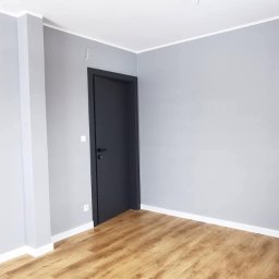 Iwona Pabian - Szare ściany, drewnopodobne panele i ciemne drzwi w nowym, pustym pokoju. Białe listwy przypodłogowe i sufitowe. Minimalistyczne wykończenie wnętrza.