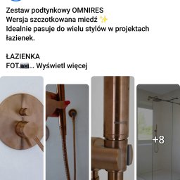 Iwona Pabian - Miedziany zestaw podtynkowy OMNIRES w łazience: bateria, słuchawka prysznicowa i deszczownica. Minimalistyczny design, szczotkowane wykończenie, nowoczesna aranżacja.