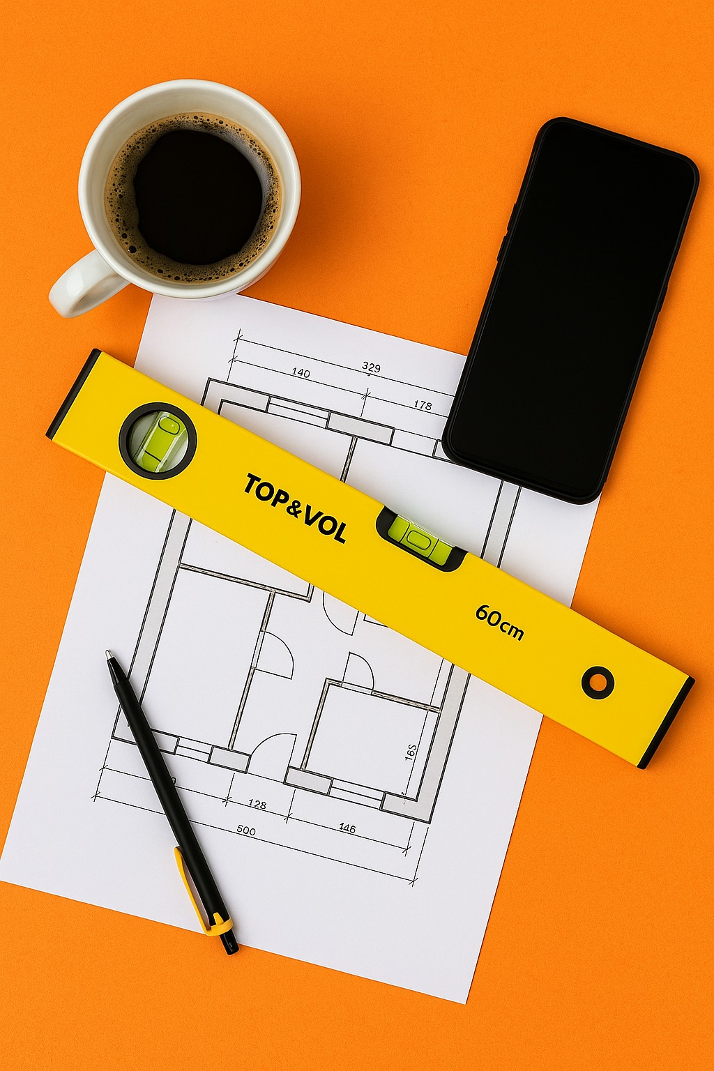 Plan mieszkania z żółtą poziomicą, czarnym długopisem, telefonem i kawą na pomarańczowym tle. Widok z góry, detale architektoniczne i narzędzia.