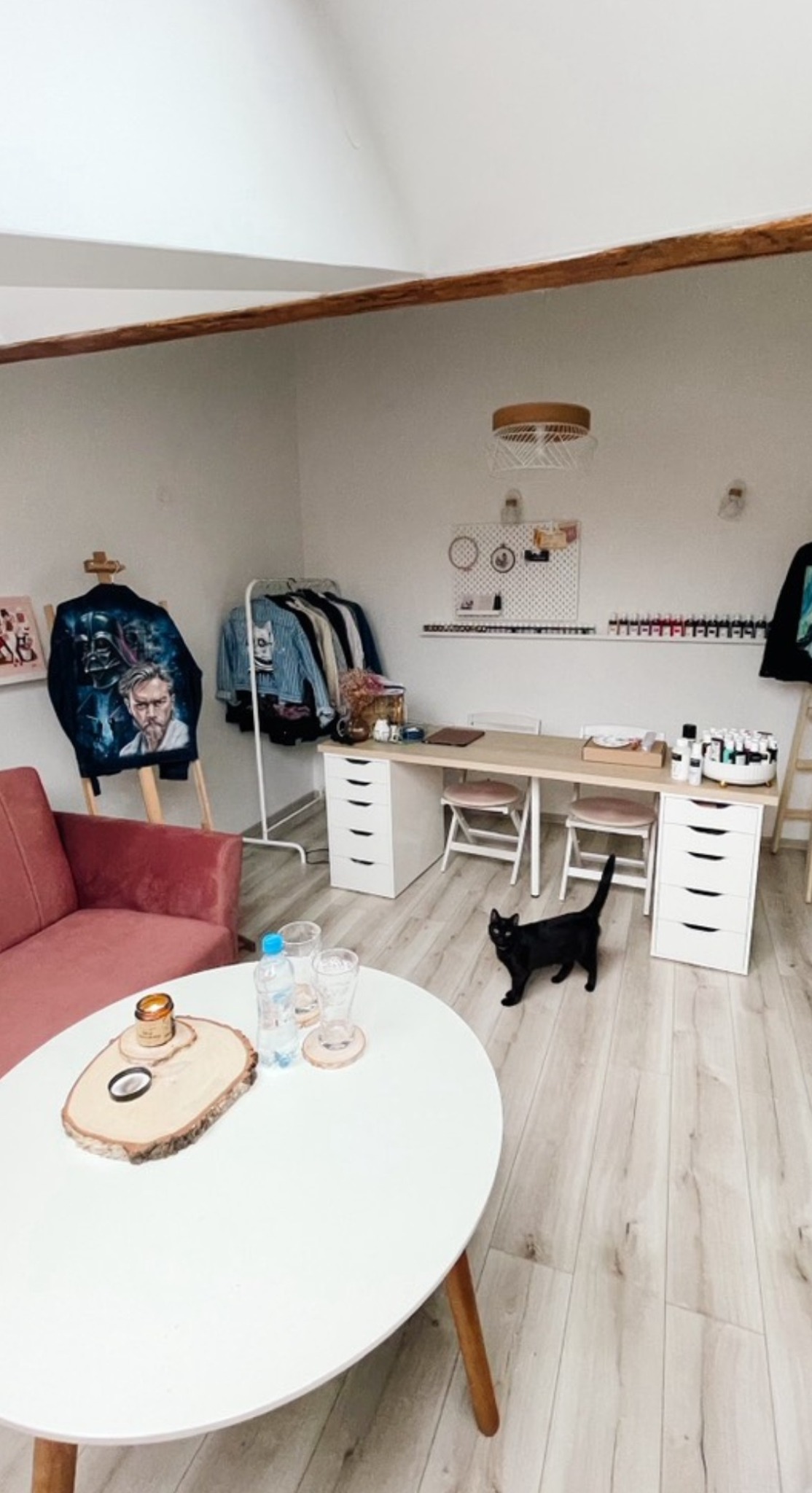 Jasne wnętrze pokoju z drewnianą podłogą, białym biurkiem, różową kanapą i czarnym kotem. Na ścianie wieszak z ubraniami i dekoracje.